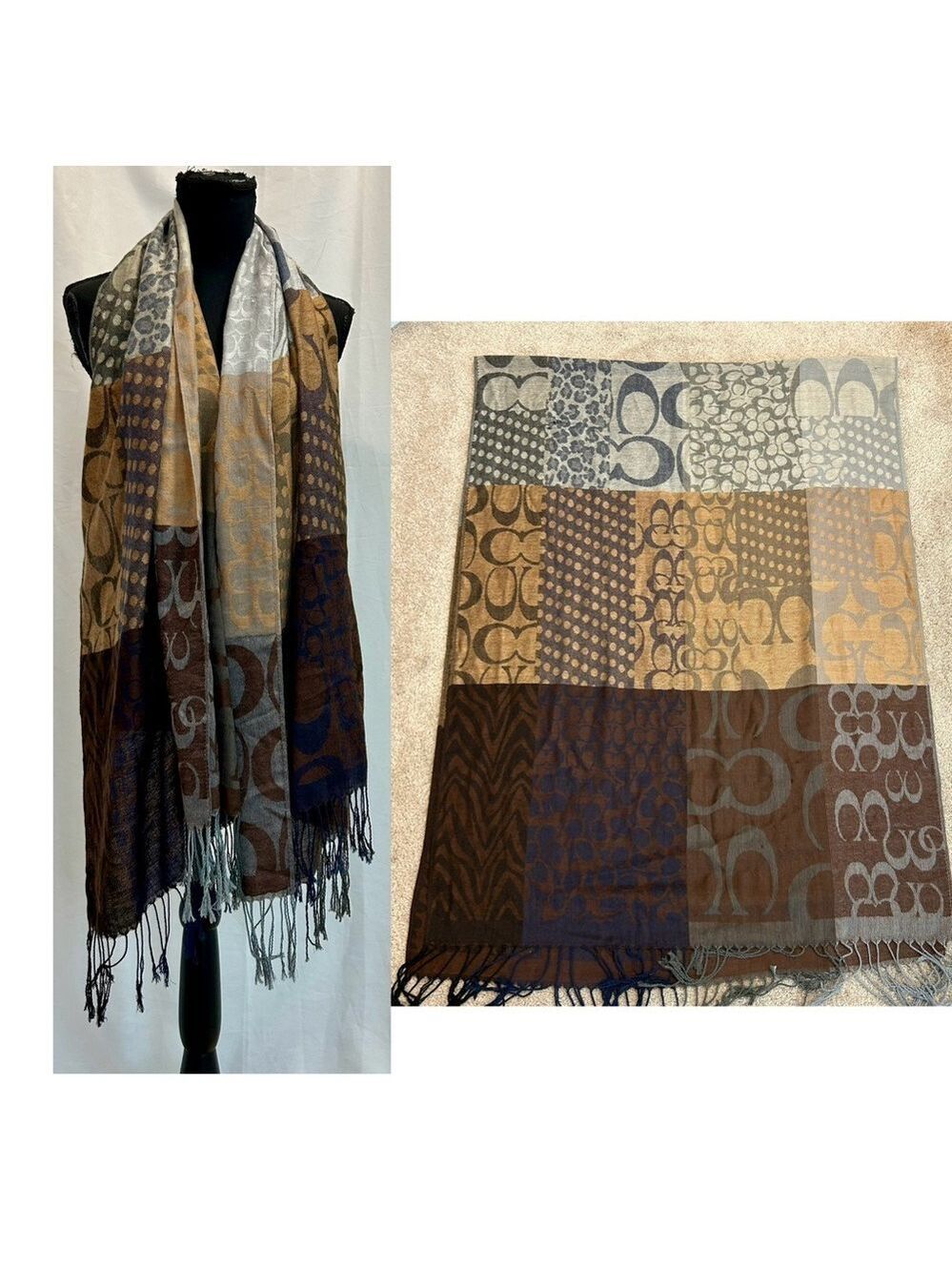 Coach Brown gray monogram CC logo lightweight scarf